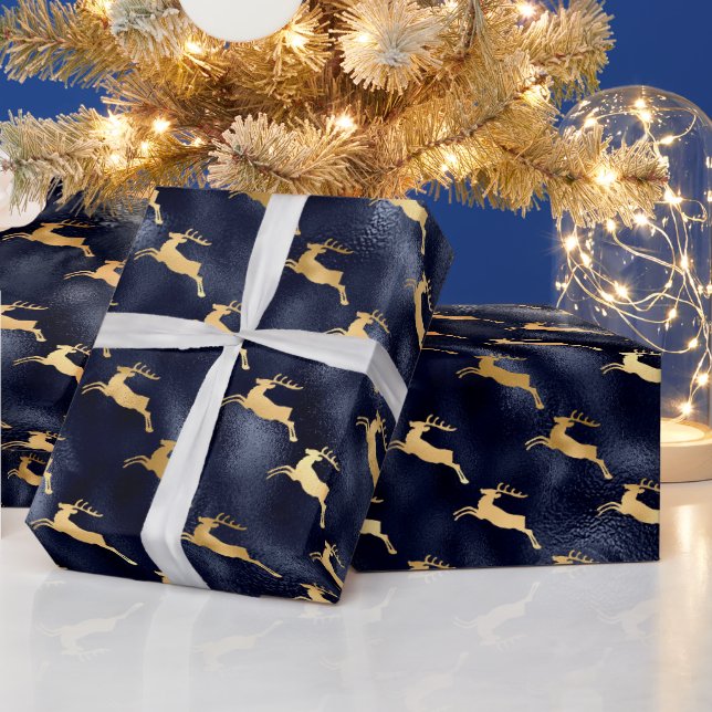 Papel De Presente Glam Christmas Deer Pattern Marinho Blue Gold Foil (Feriados)