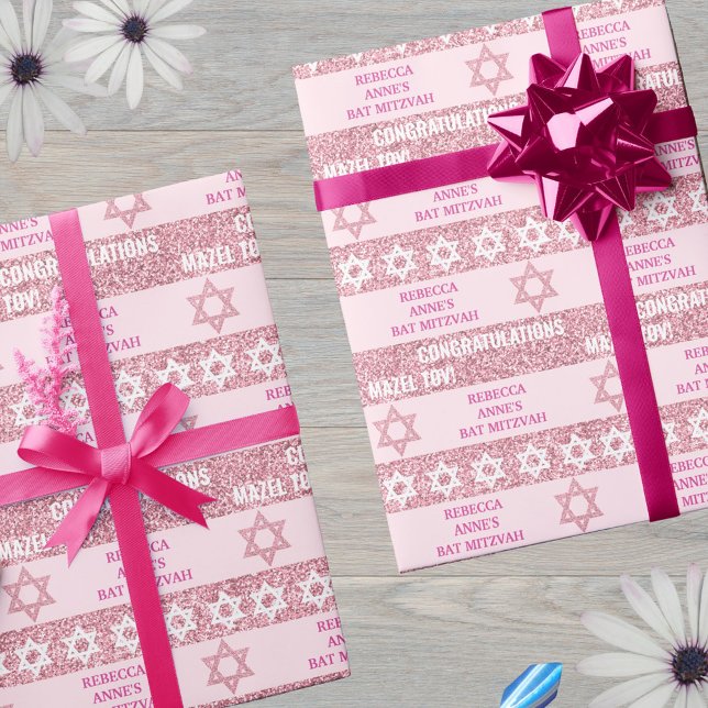 Papel De Presente Glam Pink Personalizado Judeu Bat Mitzvah (This pink faux glitter wrapping paper is easy to personalize for the Bat Mitzvah girl)
