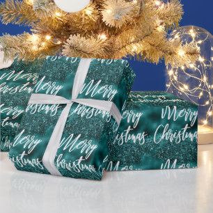Papel De Presente Glam Teal Foil Glitter Feliz Natal Caligrafia