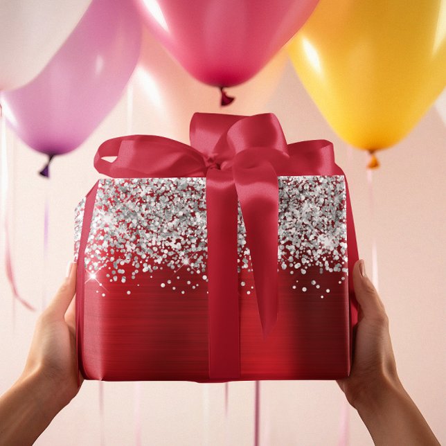 Papel De Presente Glama Vermelho Prateado da Lente (Glittery Silver Red Glam Wrapping Paper)