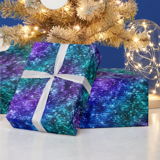 Papel De Presente Glamour Oceânico com Brilho Roxo e Turquesa (Feriados)