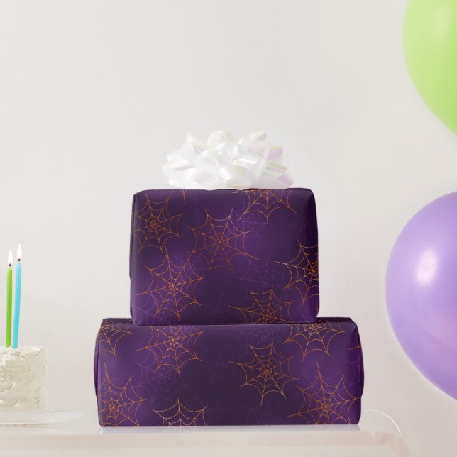 Papel De Presente Glamurosas Teias de Aranha Laranja e Roxo Hallowee (Presentes para festas)
