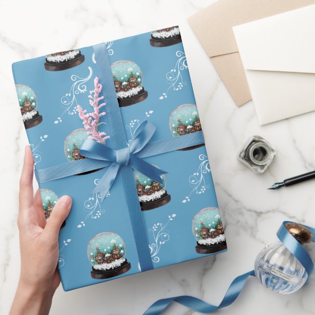 Papel De Presente Glass Snowball Winter Village House Blue Christmas (Presentear)
