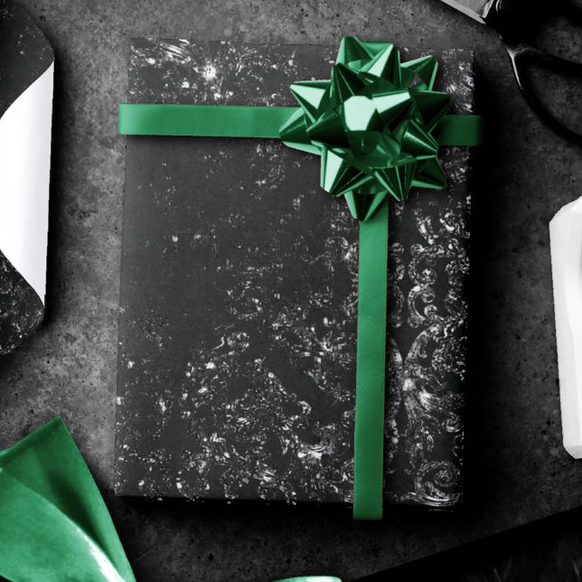 Papel De Presente Glimmery Onyx Grunge | Silvery Black Glam Damask (Criador carregado)