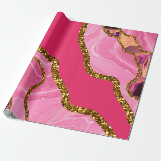 Papel De Presente Glitor de Geodo de Agato Rosa e Dourado (Desenrolado)