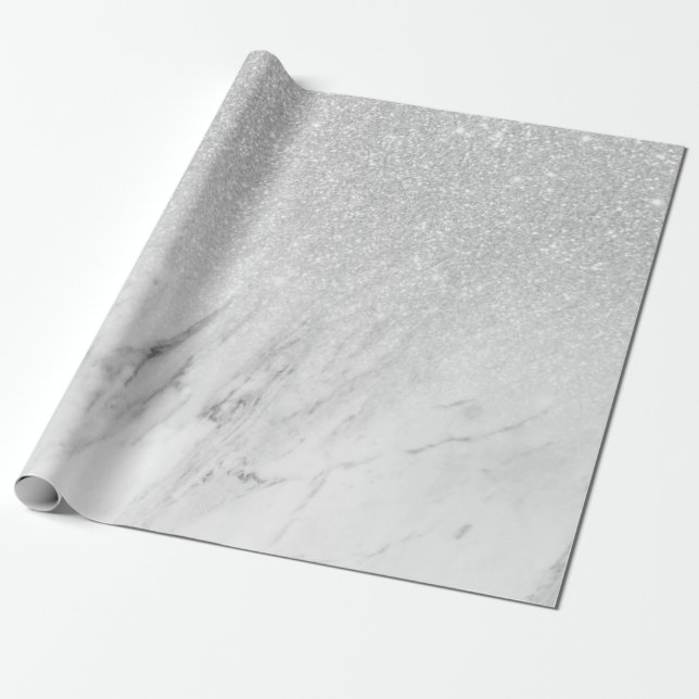 Papel De Presente Glitter de Prata Chic Marble Branco (Desenrolado)