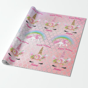 Papel De Presente Glitter Dourado Cor-de-rosa Unicórnio Rosto Rainb