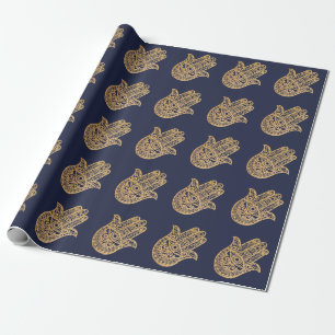 Papel De Presente Glitter Dourado Hamsa Lucky Mystical marinho azul