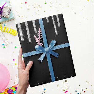 Papel De Presente Glitter prateado gota a gota preta