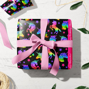 Papel De Presente Glitter Unicorn Arco-Íris com Nome Aniversário