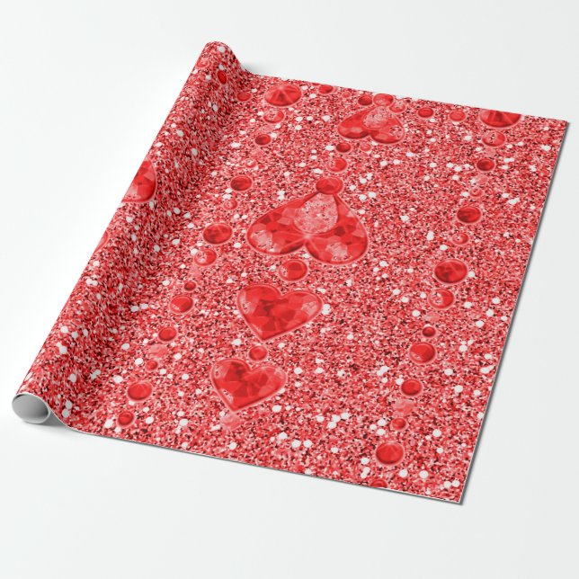 Papel De Presente Glitter vermelho e gotículas cardíacas (Desenrolado)