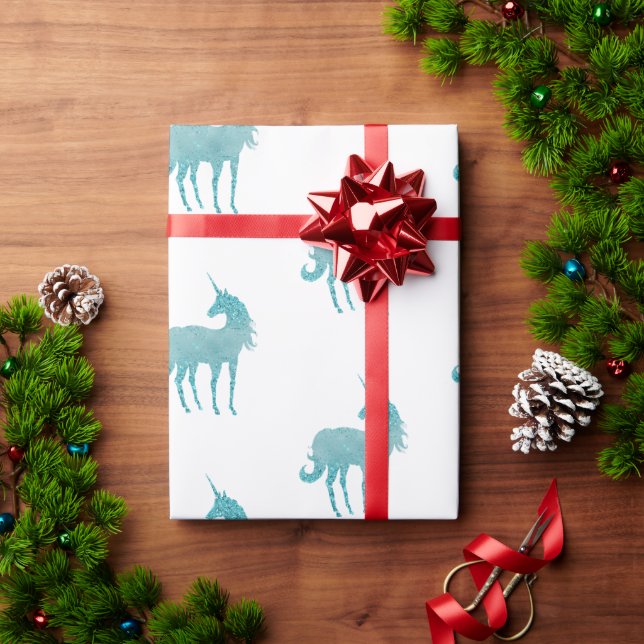 Papel De Presente Glitzy White Aqua Sparkle Unicorn (Presente de Natal)