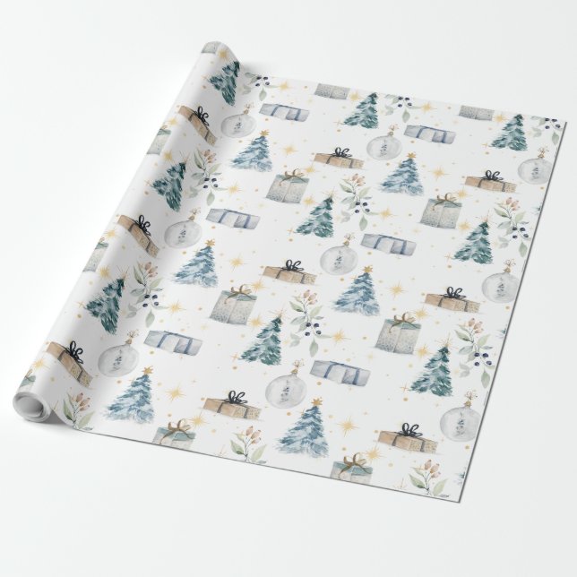 Papel De Presente Globo de árvores de aquarela de Natal feliz (Desenrolado)