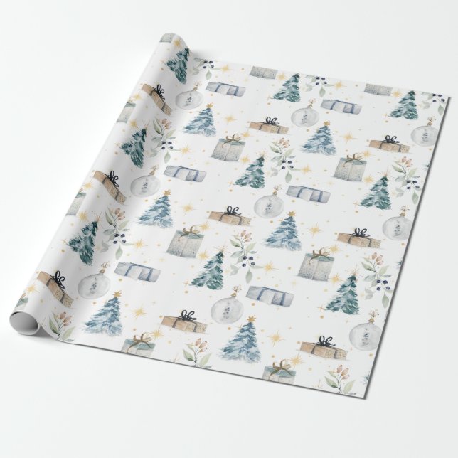 Papel De Presente Globo de árvores de aquarela de Natal feliz (Desenrolado)