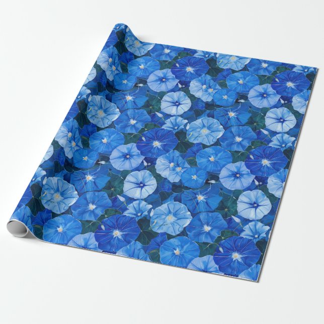 Papel De Presente Glórias-da-manhã Azuis Botânico Floral (Desenrolado)