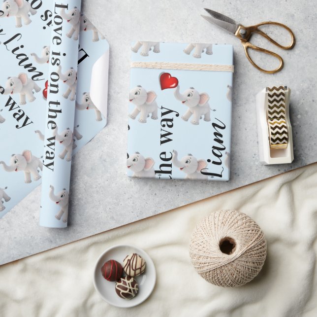 Papel De Presente Glossy Wrapping Paper Blue Elephant Red Hearts  (Artesanato)