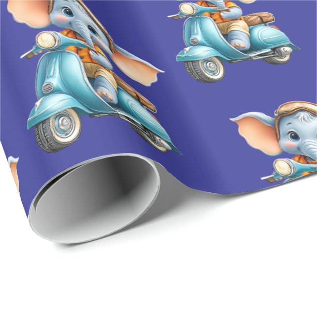 Papel De Presente Glossy Wrapping Paper Blue Elephant Scooter  (Ponta do rolo)
