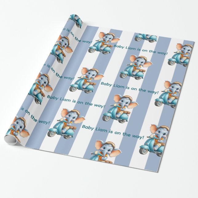 Papel De Presente Glossy Wrapping Paper Blue & White Stripe Elephant (Desenrolado)