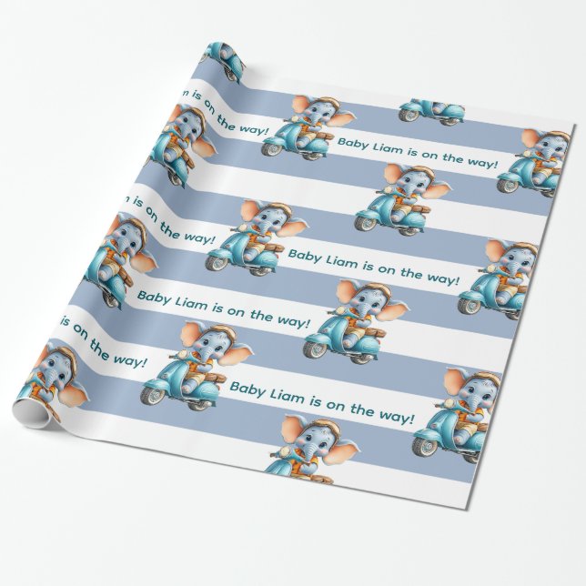 Papel De Presente Glossy Wrapping Paper Blue & White Stripe Elephant (Desenrolado)