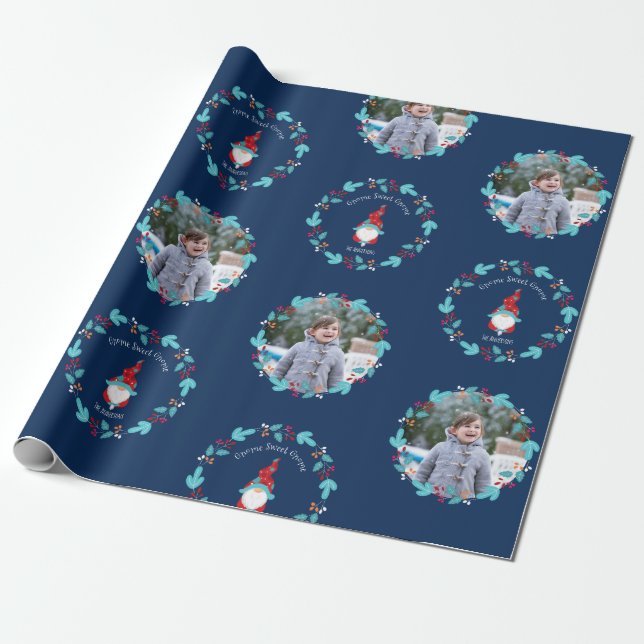 Papel De Presente Gnome Sweet Gnomet Floral Wreath Custom Blue (Desenrolado)