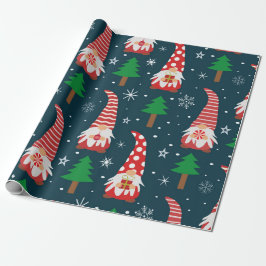 Papel De Presente Gnômes de Natal fofos com árvores e flocos de neve