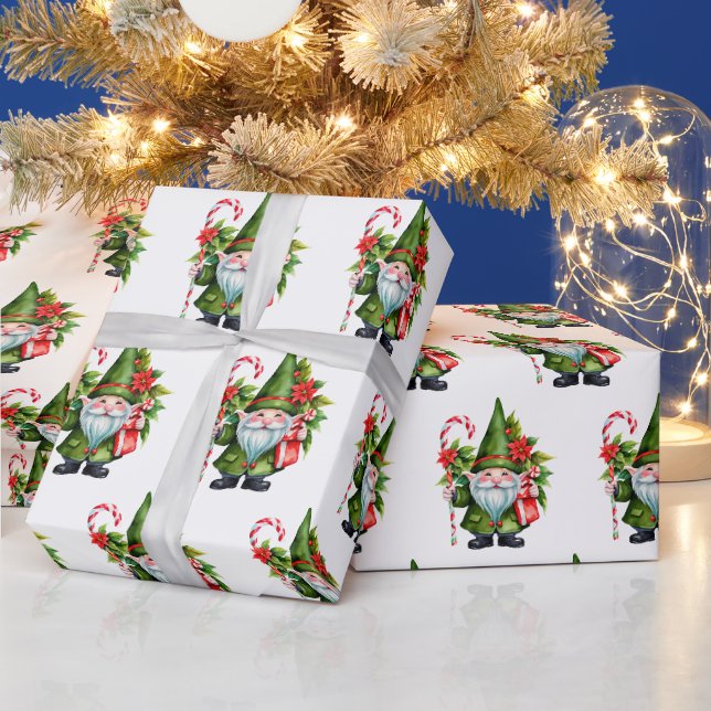 Papel De Presente Gnomo de Natal com Aquarela com Canas Candiosas (Feriados)