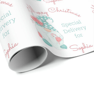 Papel De Presente Gnomo de Natal Feliz Pastel Fofo com Nome Personal
