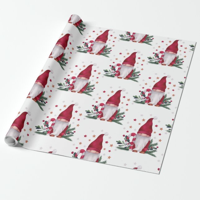 Papel De Presente Gnomo Pine Ramificações de Árvores Estrelas Feliz  (Desenrolado)