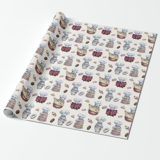 Papel De Presente Gnomos Assando Cupcakes Donuts Floresta Moderna  (Desenrolado)