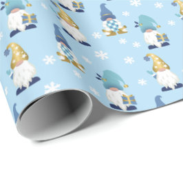 Papel De Presente Gnomos da Trendência Dourada de inverno Azul