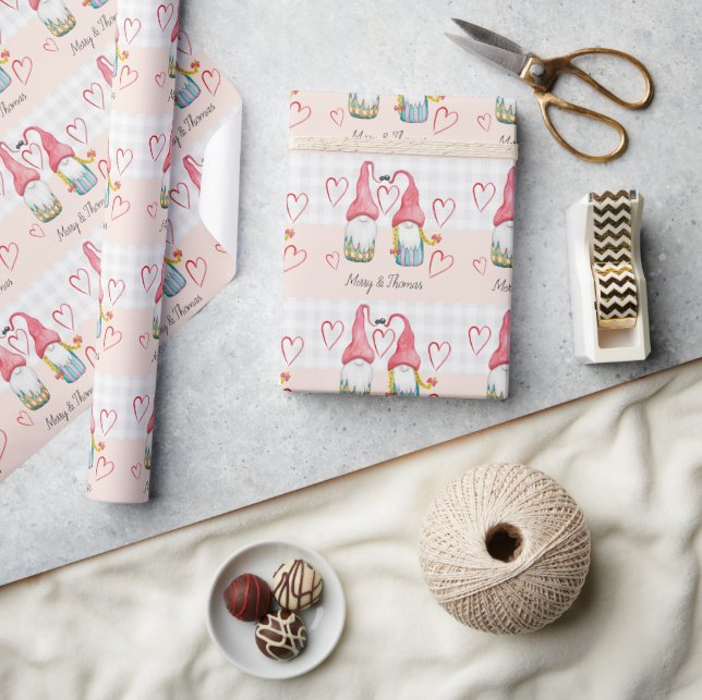 Papel De Presente Gnomos de Natal Apaixonados Aquarela Pintada à Mão (Artesanato)