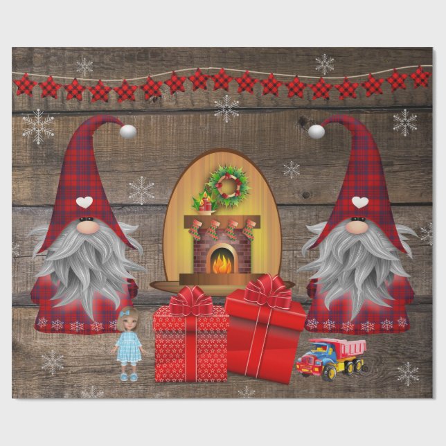 Papel De Presente Gnomos de Natal Apresentam Madeira Rústica (Aberto)