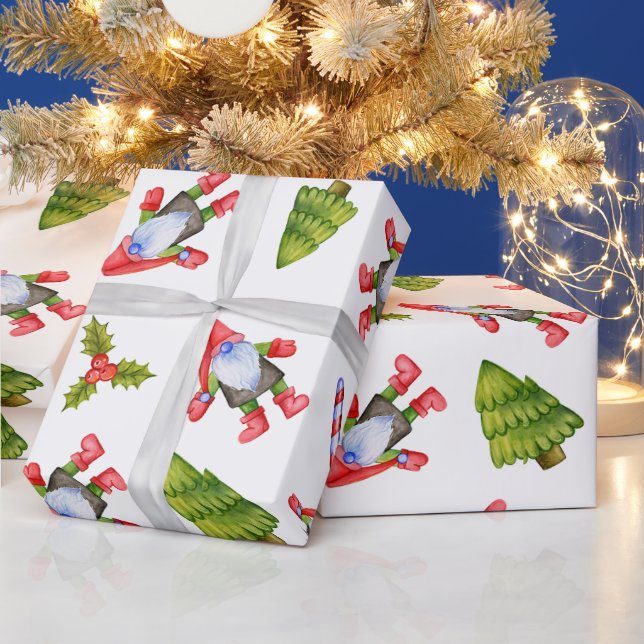 Papel De Presente Gnomos de Natal, Árvores, Flocos de Neve e Canas D (Feriados)
