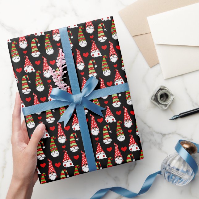 Papel De Presente Gnomos de Natal Bonitos, Coração Vermelho Negro Mo (Presentear)