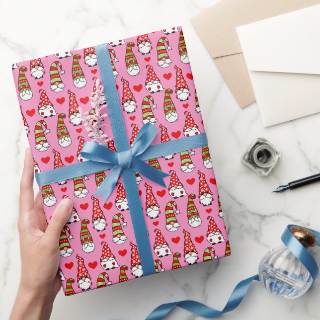 Papel De Presente Gnomos de Natal Bonitos, Coração Vermelho Rosa (Presentear)