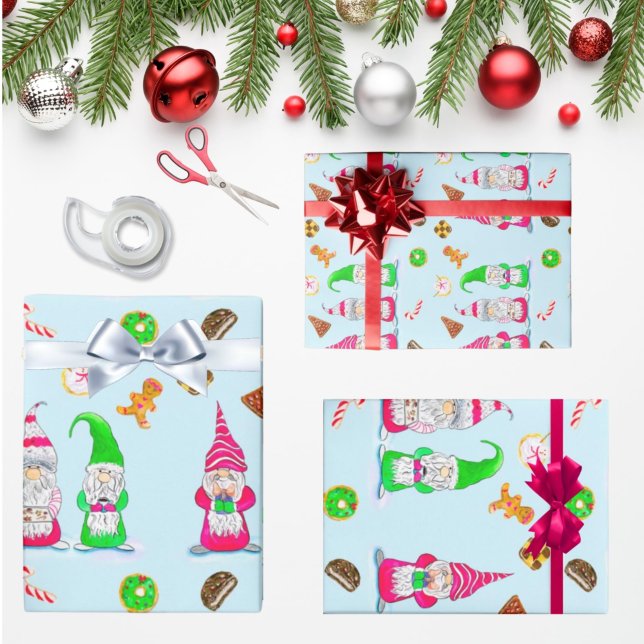 Papel De Presente Gnomos de Natal em Aquarela Com Biscoitos (Criador carregado)