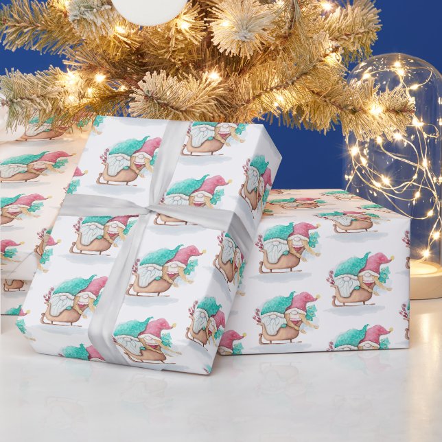 Papel De Presente Gnomos de Natal em Trenó (Feriados)
