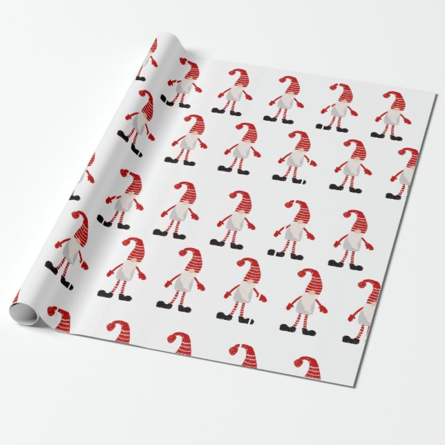 Papel De Presente Gnomos de Natal Listra Vermelha Branca e Cinza (Desenrolado)