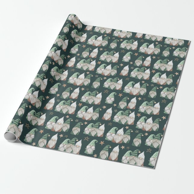 Papel De Presente Gnomos de Natal Verde Dourado Escandinavo Moderno (Desenrolado)