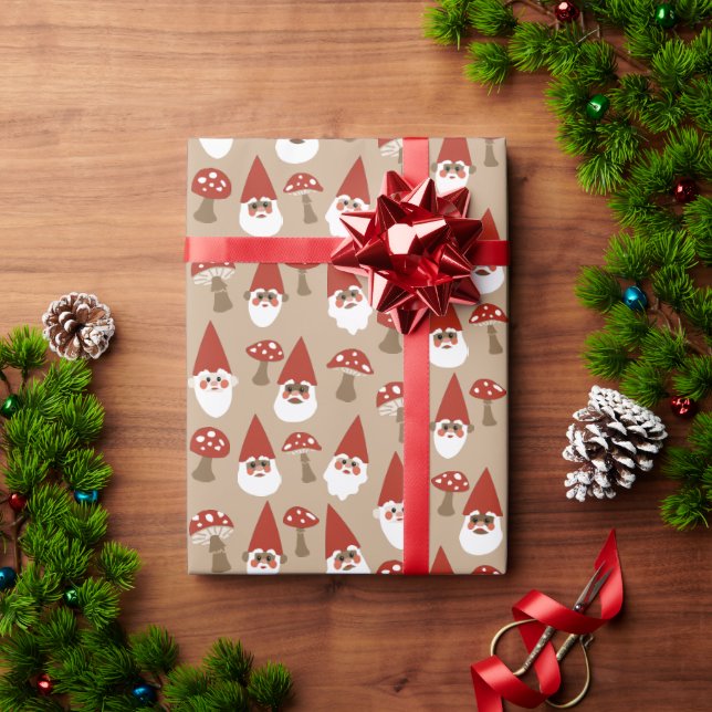 Papel De Presente Gnomos e Cogumelos com embrulho (Presente de Natal)