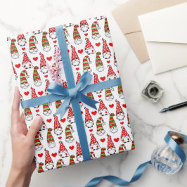 Papel De Presente Gnomos E Corações Vermelhos De Natal Bonitos