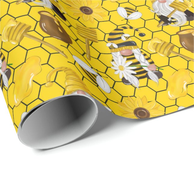 Papel De Presente Gnomos Girassóis Amarelos Abelhas Mel (Ponta do rolo)