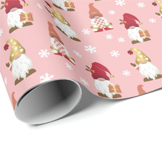 Papel De Presente Gnomos Gnomos Vermelhos Invernos Rosa vermelha Ros (Ponta do rolo)