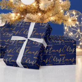 Papel De Presente Gold and Navy Blue Merry Christmas Word Art