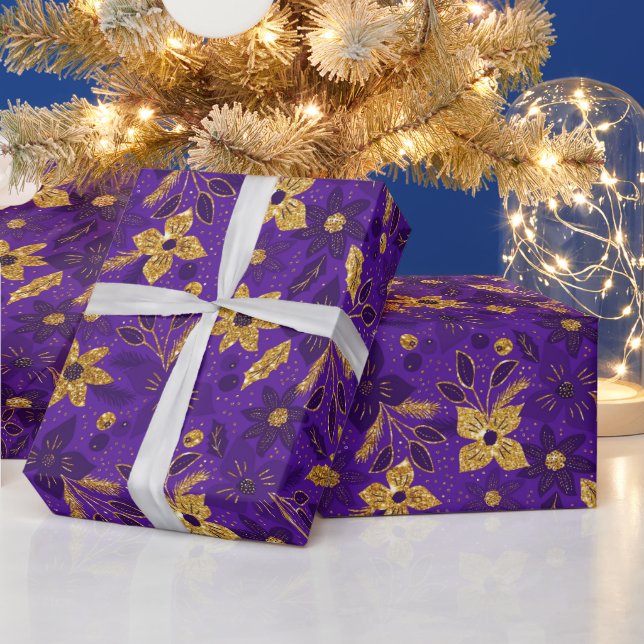 Papel De Presente Gold and Purple Christmas Poinsettia Flowers (Feriados)