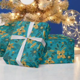 Papel De Presente Gold and Teal Blue Christmas Poinsettia Flowers