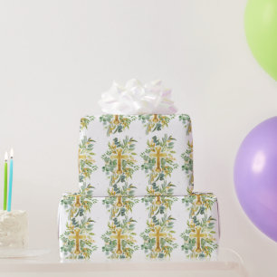 Papel De Presente Gold Cross Floral Watercolor Baptism 1.a Comunidad
