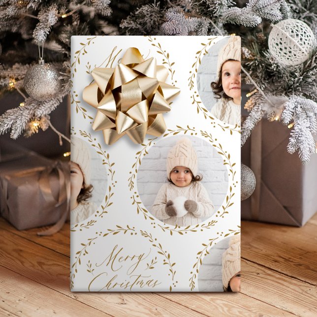 Papel De Presente Gold Modern Script Merry Christmas Family 6 photo (Gold Modern Script Merry Christmas Family 6 photo Wrapping Paper)