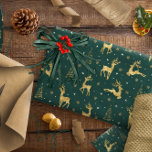 Papel De Presente Gold Reindeer Christmas Tree Pattern ID853<br><div class="desc">Prancing and dancing reindeer among stylized Christmas trees in a faux gold foil affect are sprinkled with snowflakes and stars in this elegant wrapping paper design. Choose any background color to replace the deep green we've chosen as an example,  or leave as is.</div>