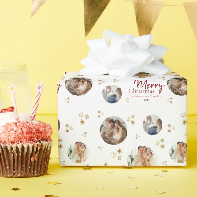 Papel De Presente Gold Snowflakes Photo Collage Merry Christmas (Festa de aniversário)